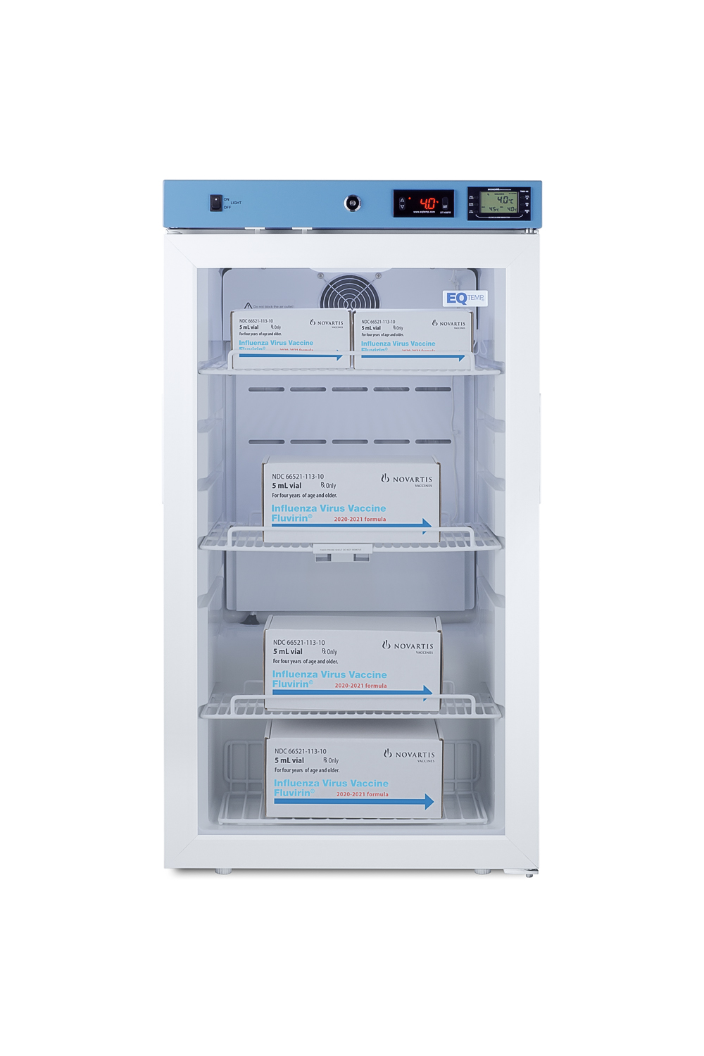 Healthcare all-refrigerator certified to NSF/ANSI 456 with self-closing glass door, front lock, digital controls, and NIST-calibrated temperature readout